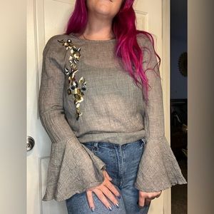 Esley Sheer Bell Sleeve Blouse Embroidered Long Sleeve Key Holy Tie Shirt Women